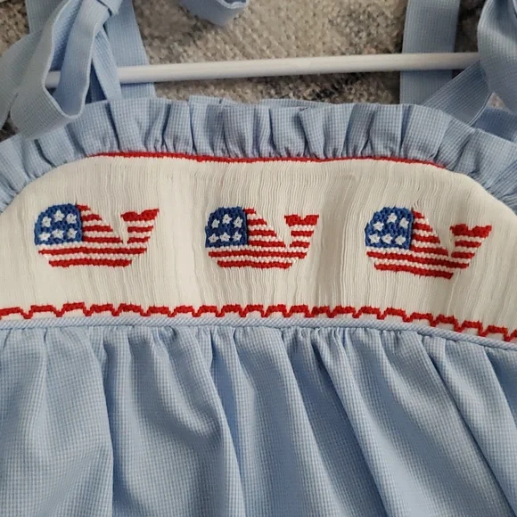 Stitchy Fish Girls Smocked Patriotic American Flag Whales Embroidered Dress Sz3T - Picture 7 of 11